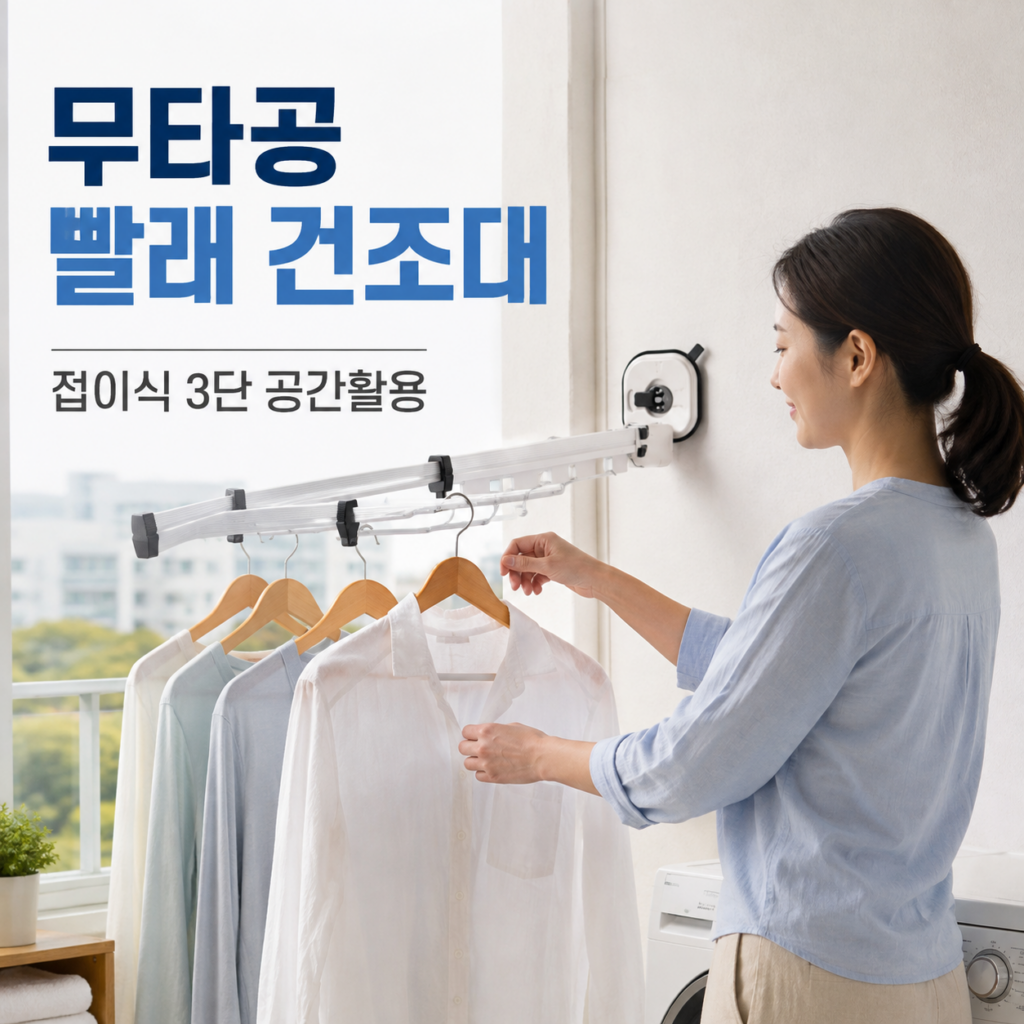 노멀라이프 무타공 접이식 빨래 건조대 3단, 좁은 베란다 공간활용 아이템 제품 이미지